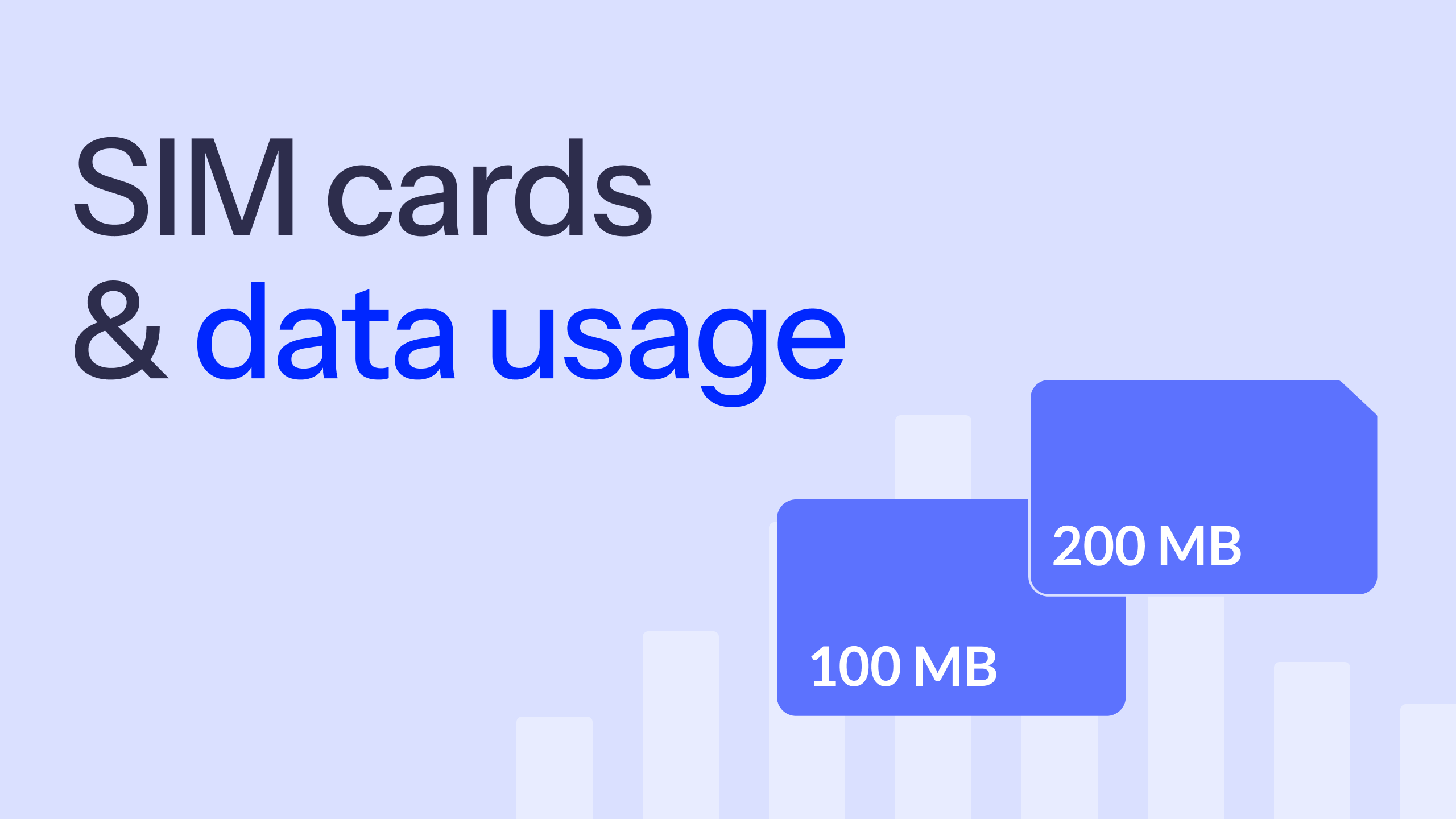 SIM cards with data usage indicators showing 100 MB and 200 MB on a light purple background with ascending bar graphs.