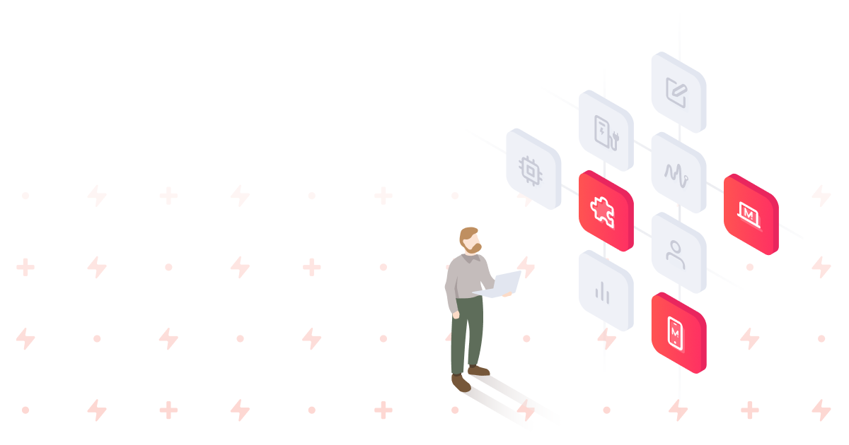 Isometric illustration of a person holding a laptop beside a grid of floating data and EV charging icons.