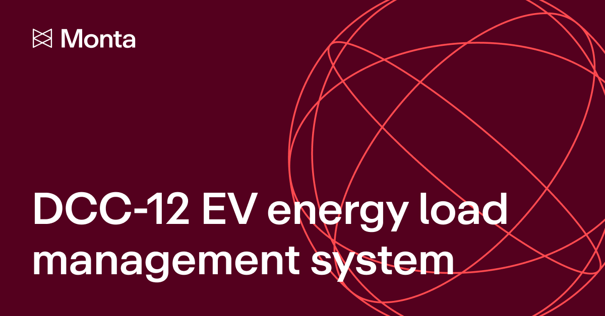 A dark red background with a stylised, overlapping, orange geometrical pattern and white text displaying 'DCC-12 EV energy load management system'.
