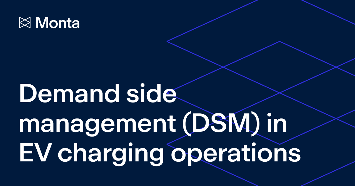 Text on a dark blue background reading "Demand side management (DSM) in EV charging operations" with a geometric line pattern above.