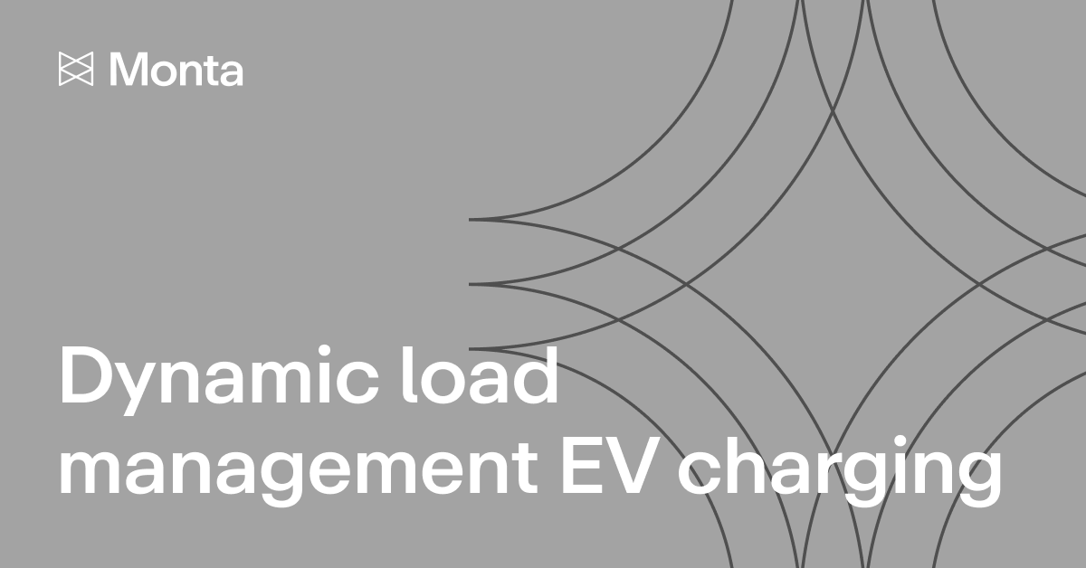 Grey background with abstract curved lines; text reads "Dynamic load management EV charging" with "Monta" logo at the top left.