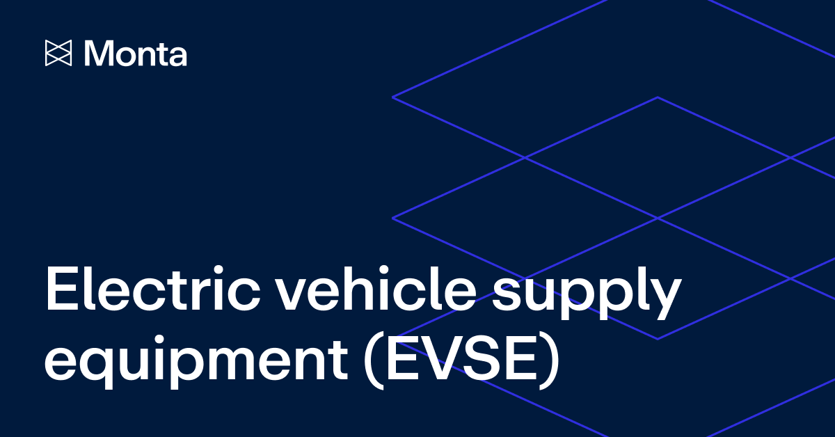 Dark navy background with blue outlined diamond patterns. Bold white text reading "Electric vehicle supply equipment (EVSE)" and the Monta logo at the top left.