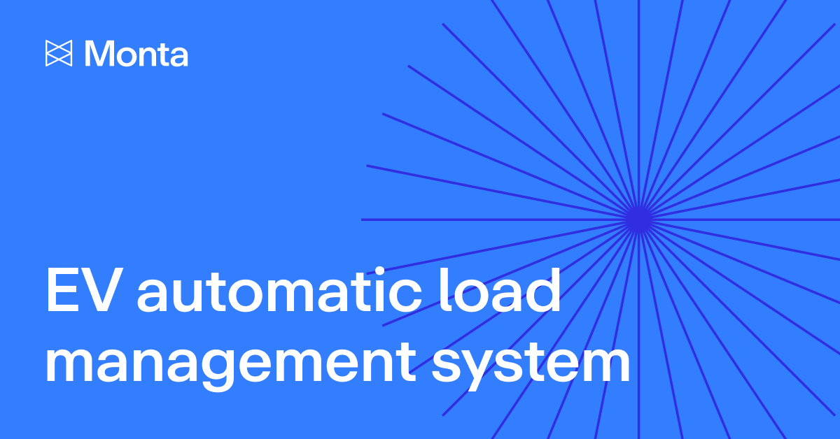Blue background featuring a radial design emanating from a central point. Text reads "Monta" and "EV automatic load management system."