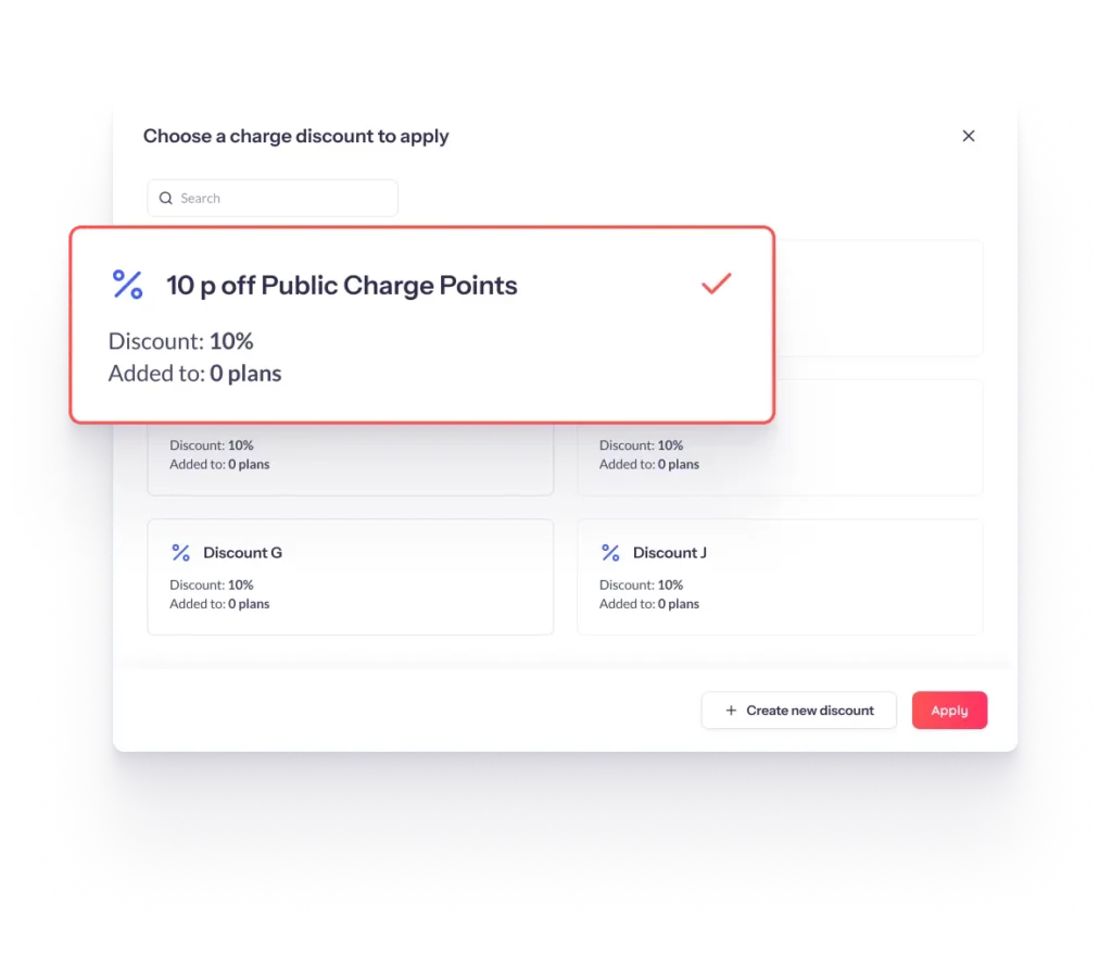 Monta portal dialog titled “Choose a charge discount to apply”, with a “10 p off Public Charge Points” discount of 10% selected from a grid of discount cards