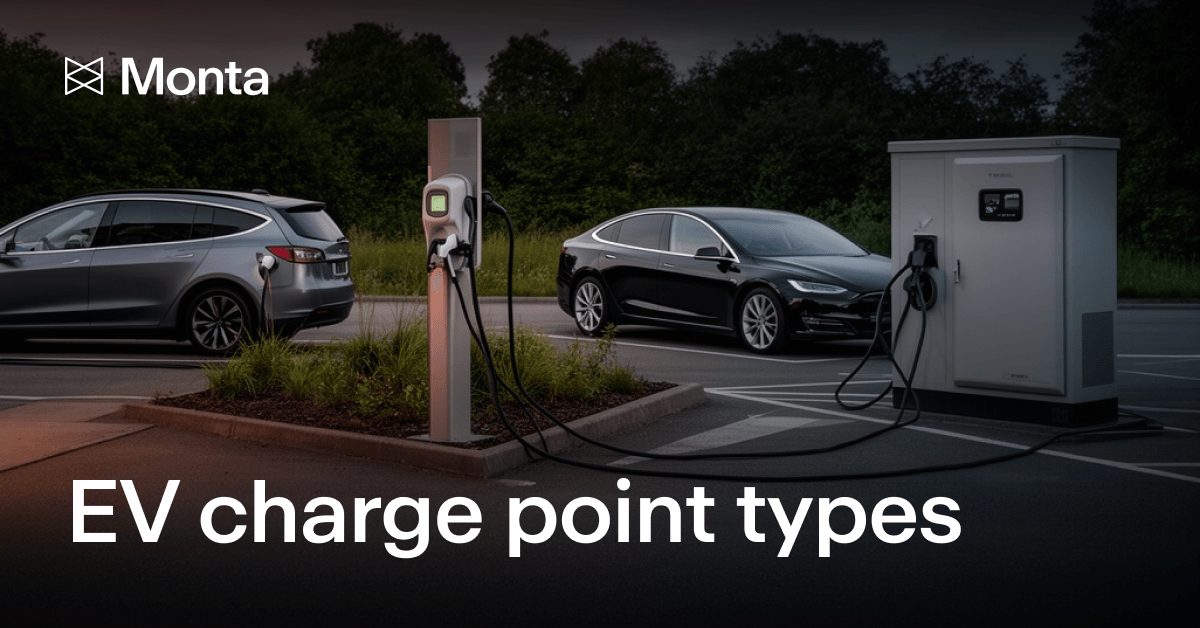 Two electric vehicles charging at different charge points in a parking area, surrounded by greenery, under a dusk sky.