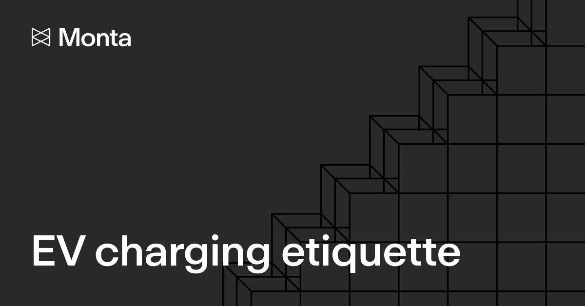 Text on a dark background stating "EV charging etiquette" with a simplistic geometric design of stacked blocks above.