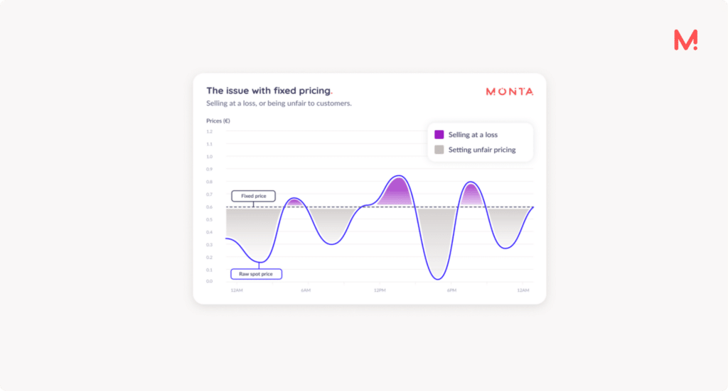 Chart titled “The issue with fixed pricing”, showing a flat fixed price against the fluctuating raw spot price, with the hours where an operator either sells at a loss or sets unfair pricing shaded