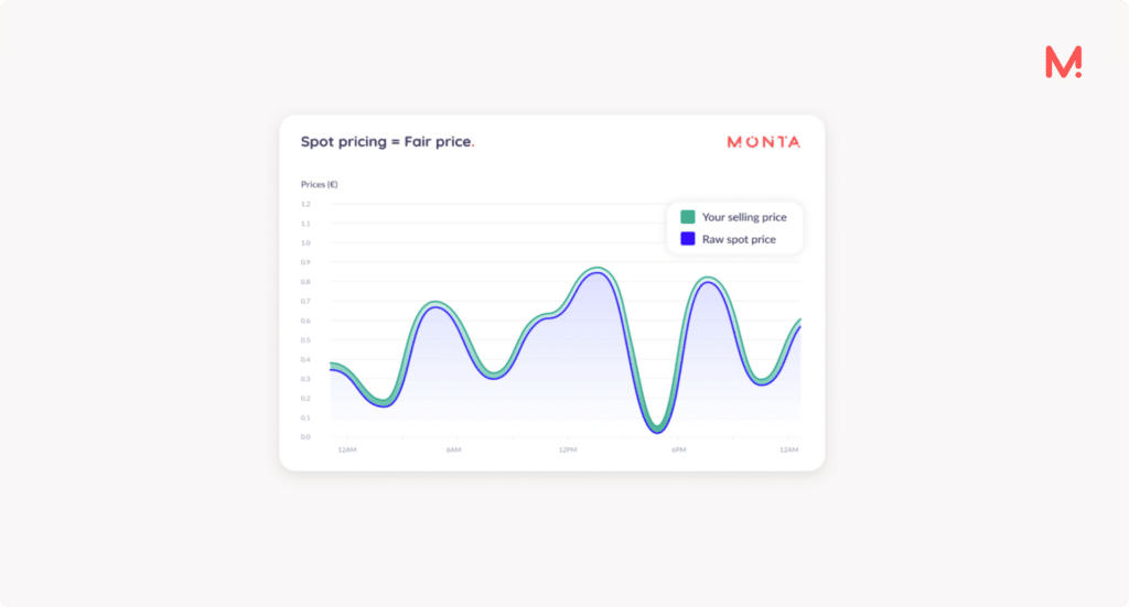 Chart titled “Spot pricing = fair price”, showing an operator selling price that tracks the raw hourly spot price across the day