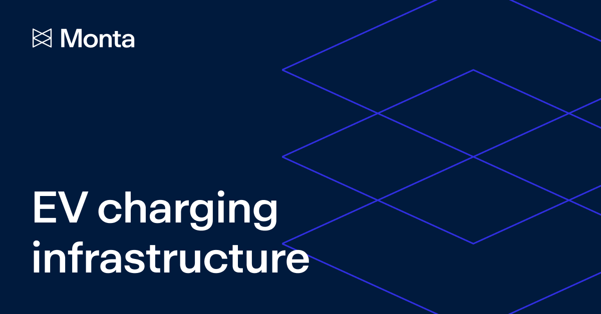 Dark blue background featuring geometric lines in purple, with prominent text "EV charging infrastructure" and the logo "Monta".