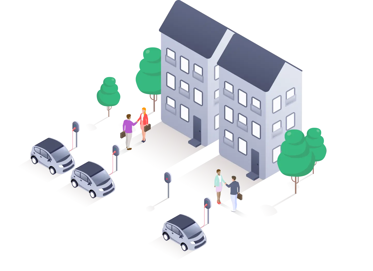 Isometric illustration of an office building with three electric cars plugged into charge points outside while business people in suits greet each other.