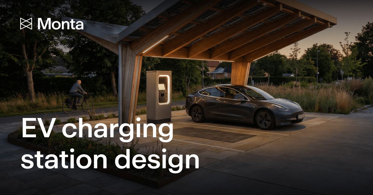Modern EV charging station with a sleek car parked beneath a wooden canopy, surrounded by greenery and a cyclist in the background.