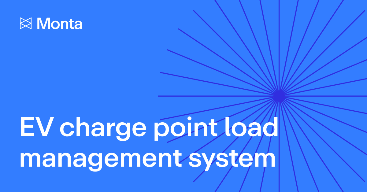 Bright blue background with radial lines emanating from a central point, featuring the text "EV charge point load management system" in white.