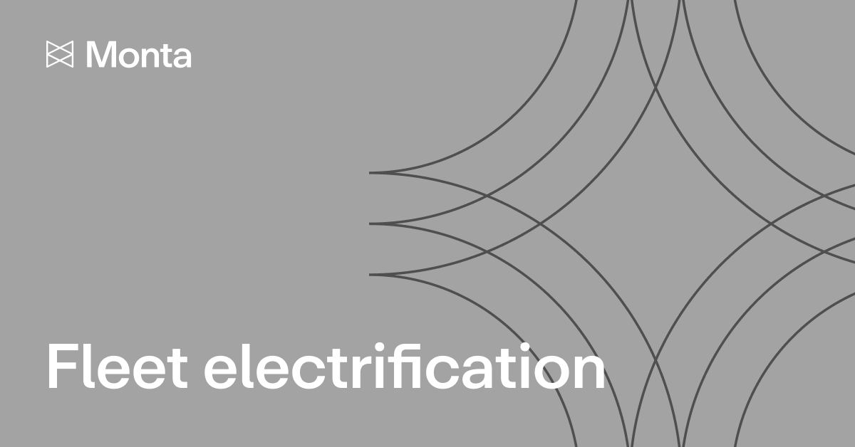 Grey background with curved line patterns. Bold text states "Fleet electrification" at the bottom, alongside the Monta logo in the top left.
