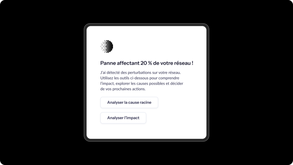 Alerte de panne sur un réseau avec un message indiquant 20 % de perturbations, et deux boutons pour analyser la cause et l