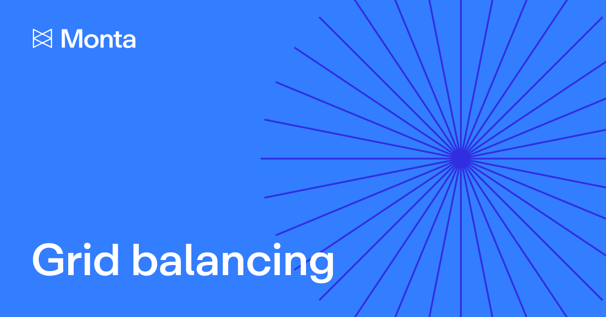 Abstract design featuring radiating lines from a central point on a bright blue background, with the text "Grid balancing" displayed prominently.