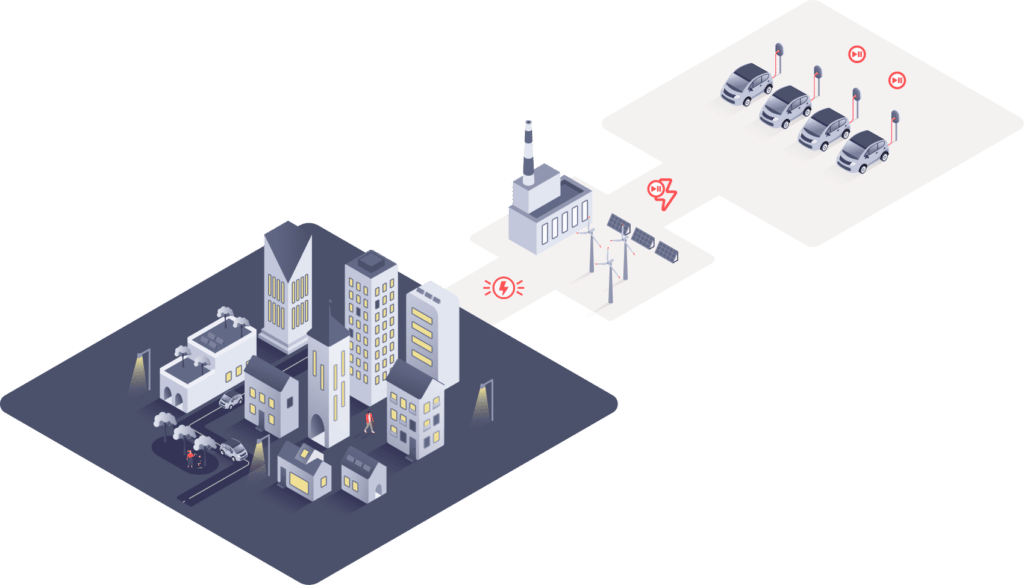 Isometric illustration of a darkened city beside a power plant and a row of EVs marked with pause icons.