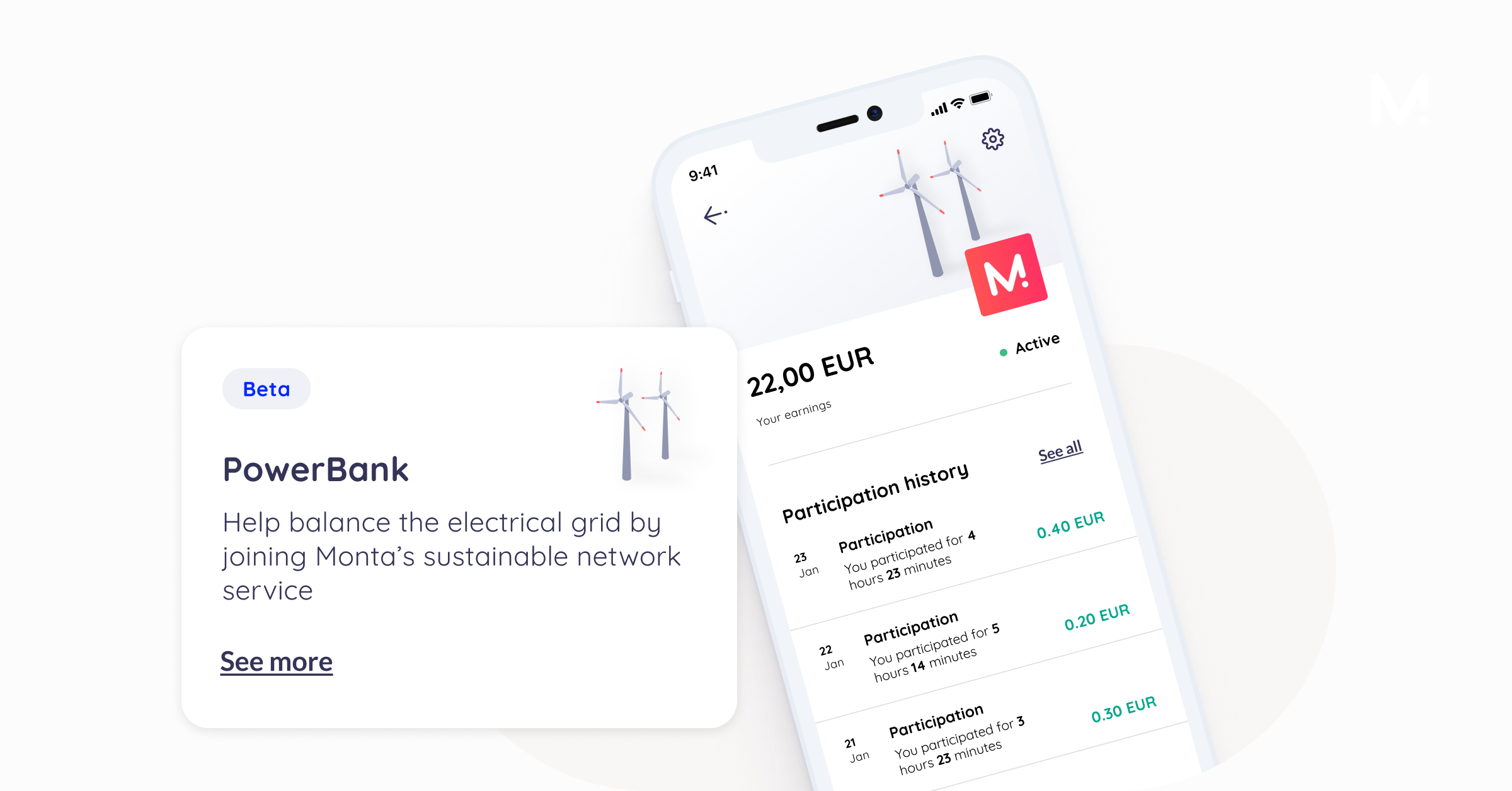Monta app screens showing a PowerBank beta card and a participation history list with 22,00 EUR of earnings.