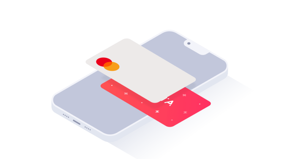 Illustration of a smartphone with a payment card and a red Monta card layered on top of it.