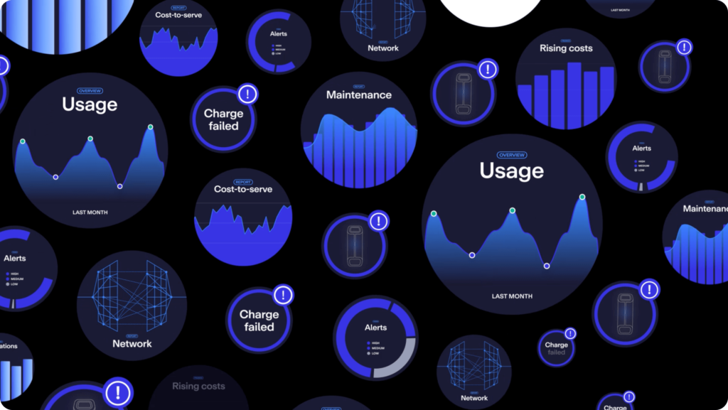 Abstract design with blue and purple circular elements displaying graphs and keywords like “Usage,” “Network,” and “Maintenance” on a black background.