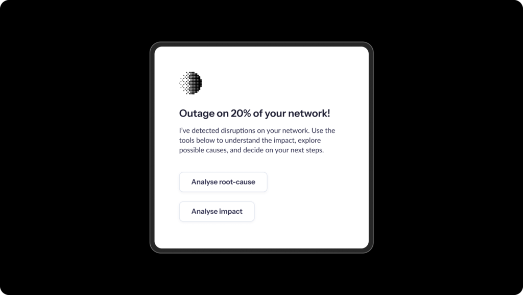 Notification panel indicating an outage on 20% of the network, with options to analyse root cause and impact on a black background.