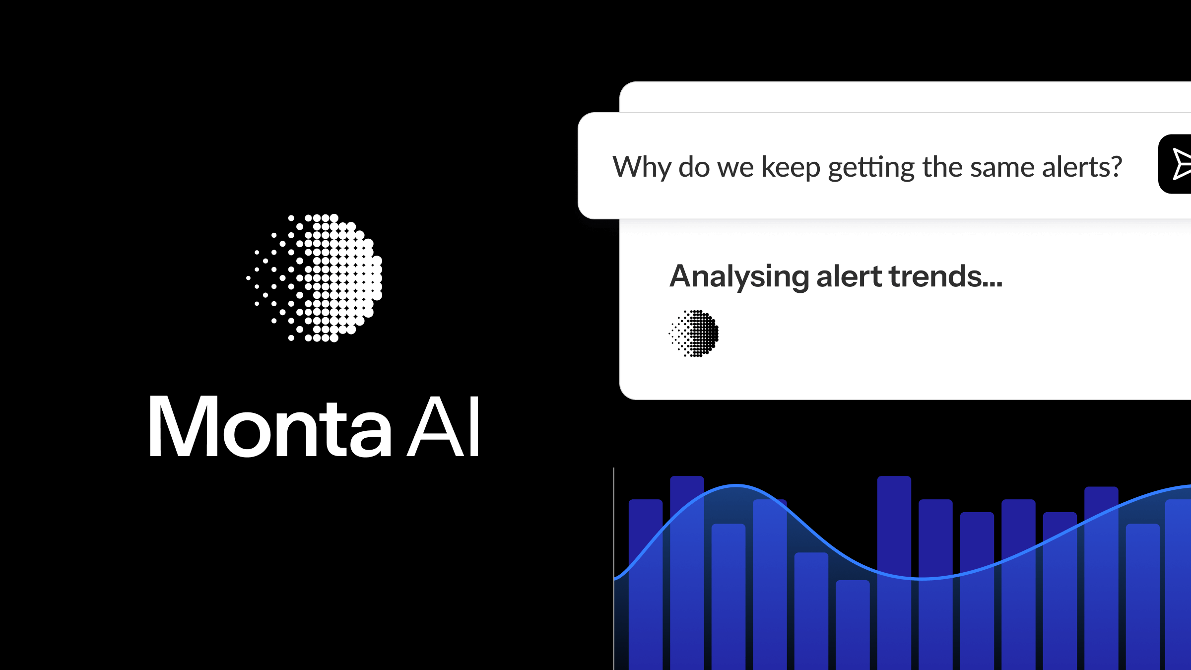 Logo of Monta AI on the left, with a speech bubble asking about alerts, alongside a graph depicting alert trends in blue on a black background.