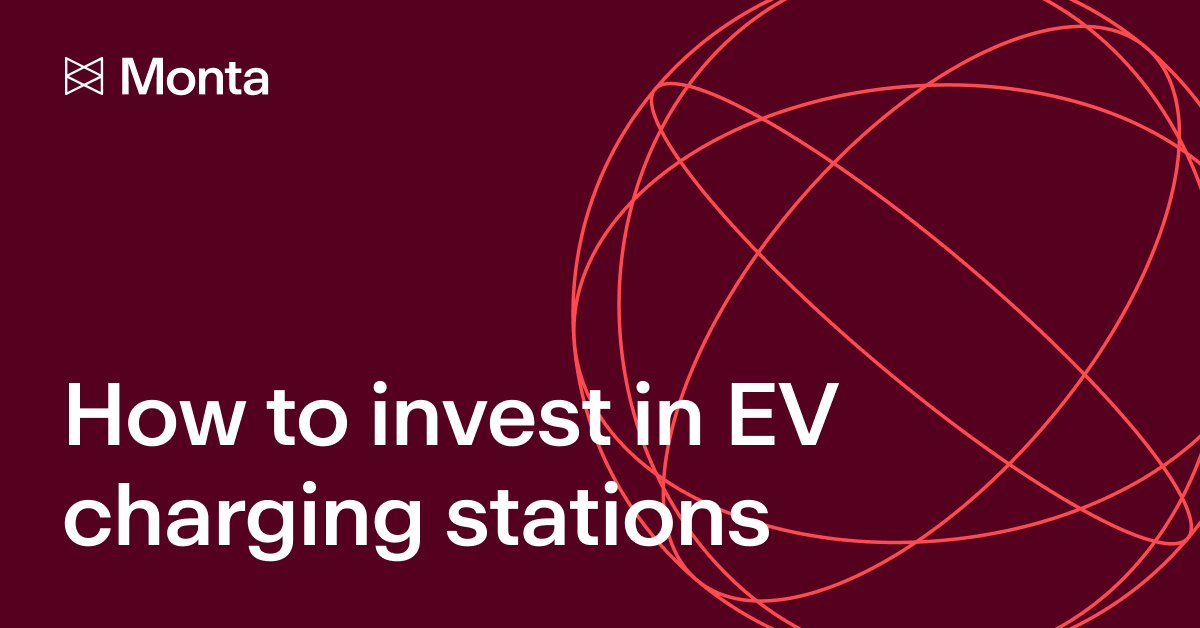 Maroon background with a geometric red line graphic. Text in white: "How to invest in EV charging stations" and "Monta" logo.