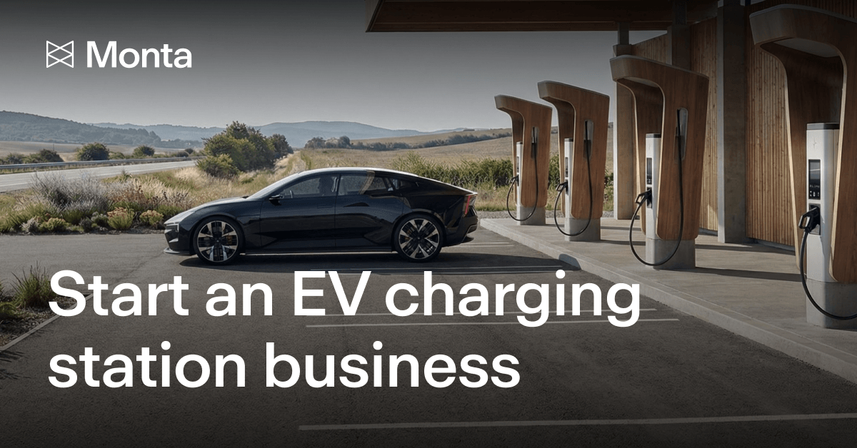 Electric vehicle at a modern charging station with multiple chargers against a scenic landscape, promoting EV charging station business.