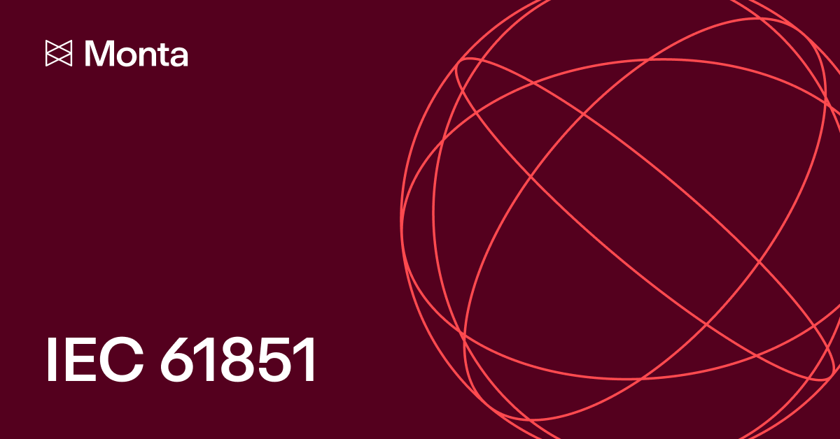 Red background with a light red abstract globe design, featuring the text "Monta" and "IEC 61851" in white.