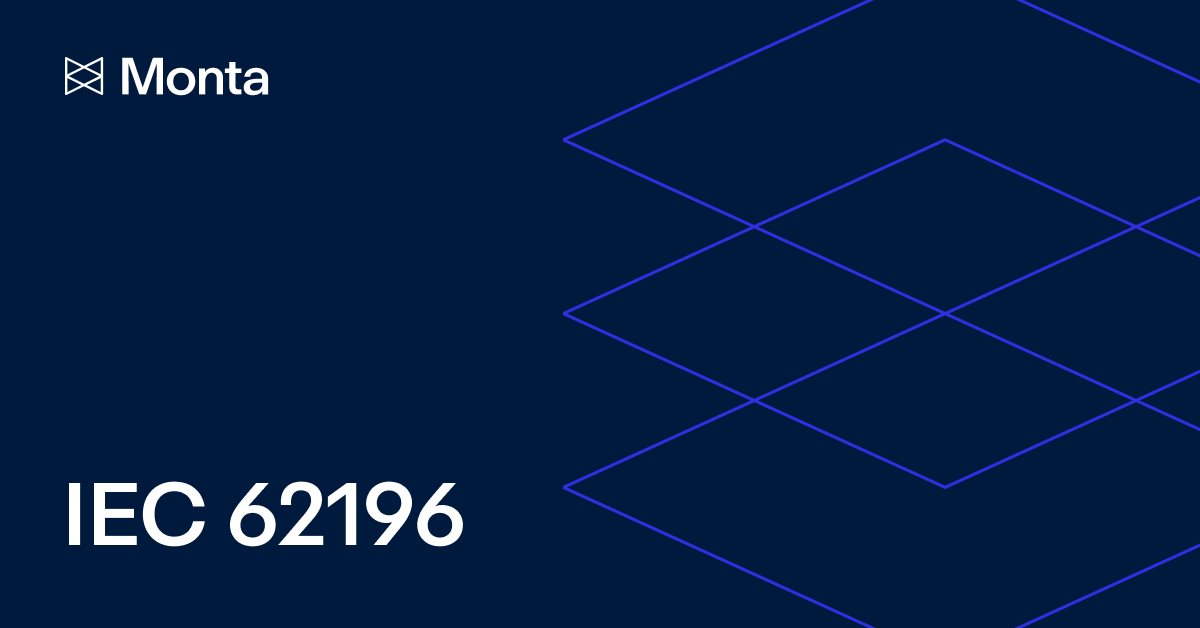 Monta logo in the top left corner, with "IEC 62196" in bold white text on a dark blue background featuring geometric line patterns.