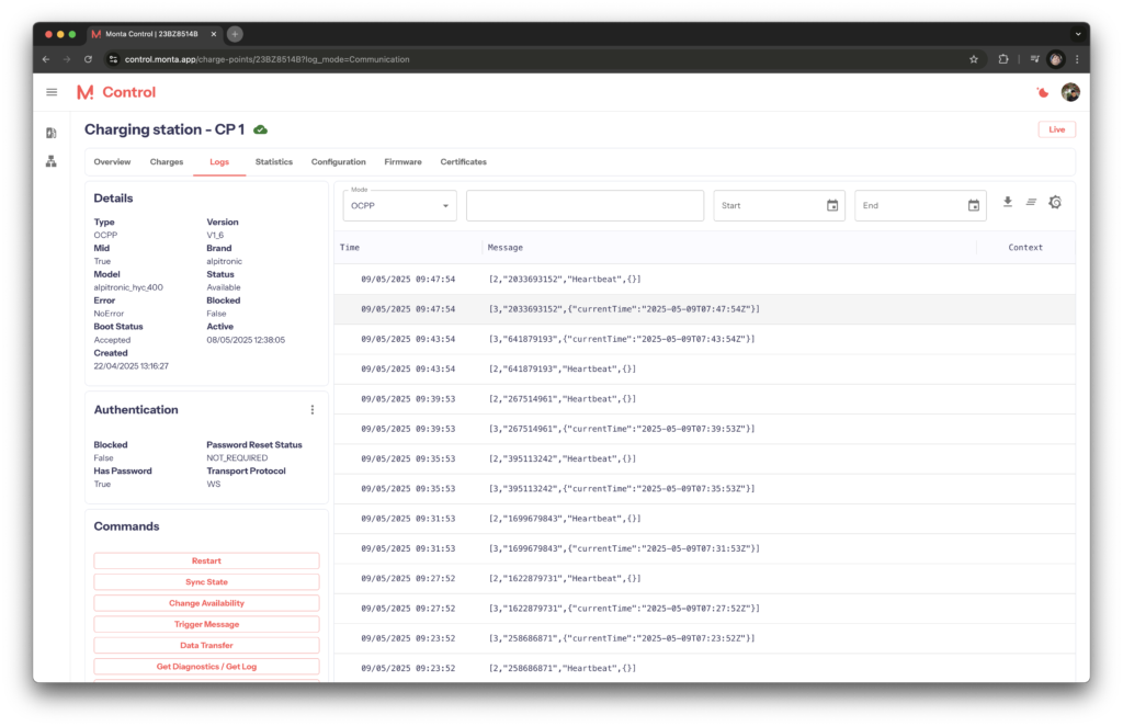 Monta Control logs tab listing timestamped raw OCPP messages such as Heartbeat calls and their responses for a single charging station.
