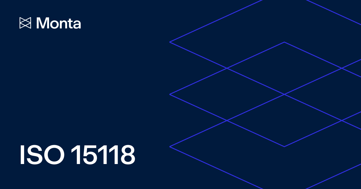 Dark blue background with a geometric pattern outlined in light blue; text at the bottom reads "ISO 15118" alongside a logo for Monta.