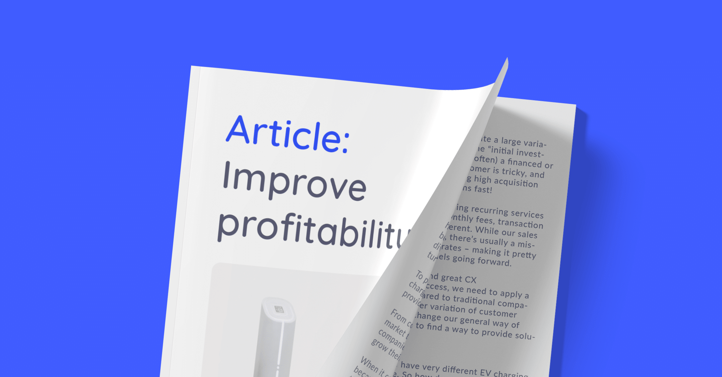 A printed article lying on a bright blue background, its cover reading "Article: Improve profitability", with the top page curling back to reveal the text underneath.