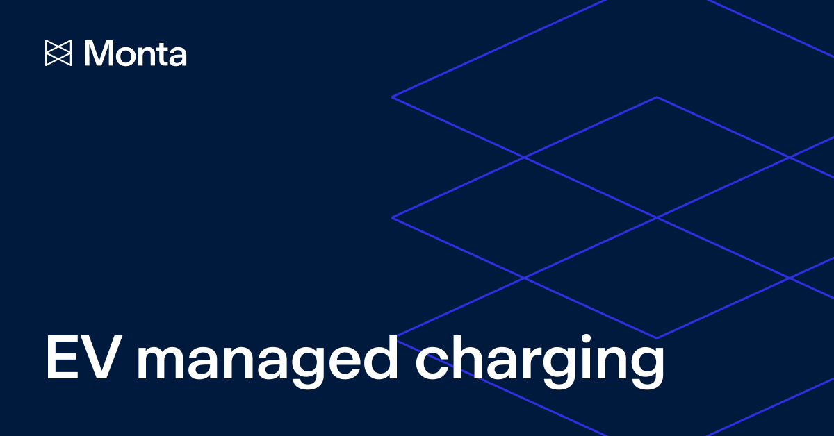 Dark blue background with geometric lines; white text reads "EV managed charging" and "Monta" logo in the top left corner.