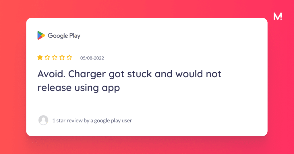 A one-star Google Play review reading “Avoid. Charger got stuck and would not release using app”