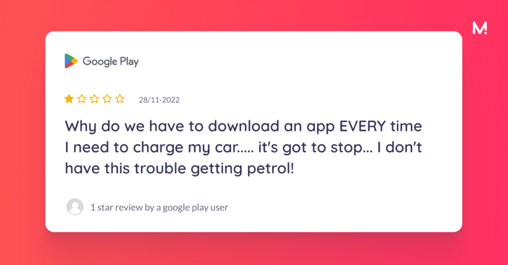A one-star Google Play review asking why an app has to be downloaded every time the reviewer needs to charge their car