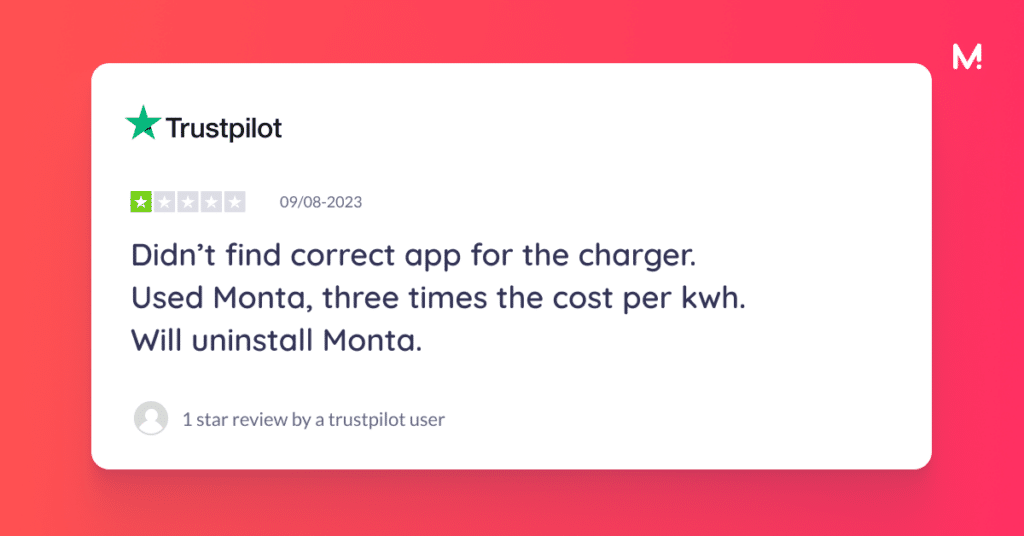 A one-star Trustpilot review saying charging with Monta cost three times as much per kWh