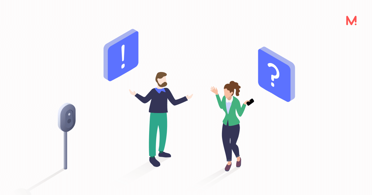 Illustration of two people gesturing beside a wall-mounted charge point, with floating exclamation mark and question mark icons.