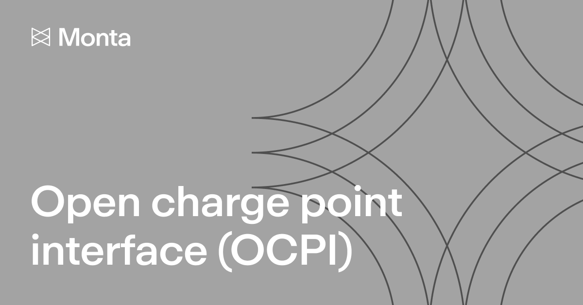 Grey background with curved line patterns. Text in bold white, stating "Open charge point interface (OCPI)" and "Monta" logo at the top left.