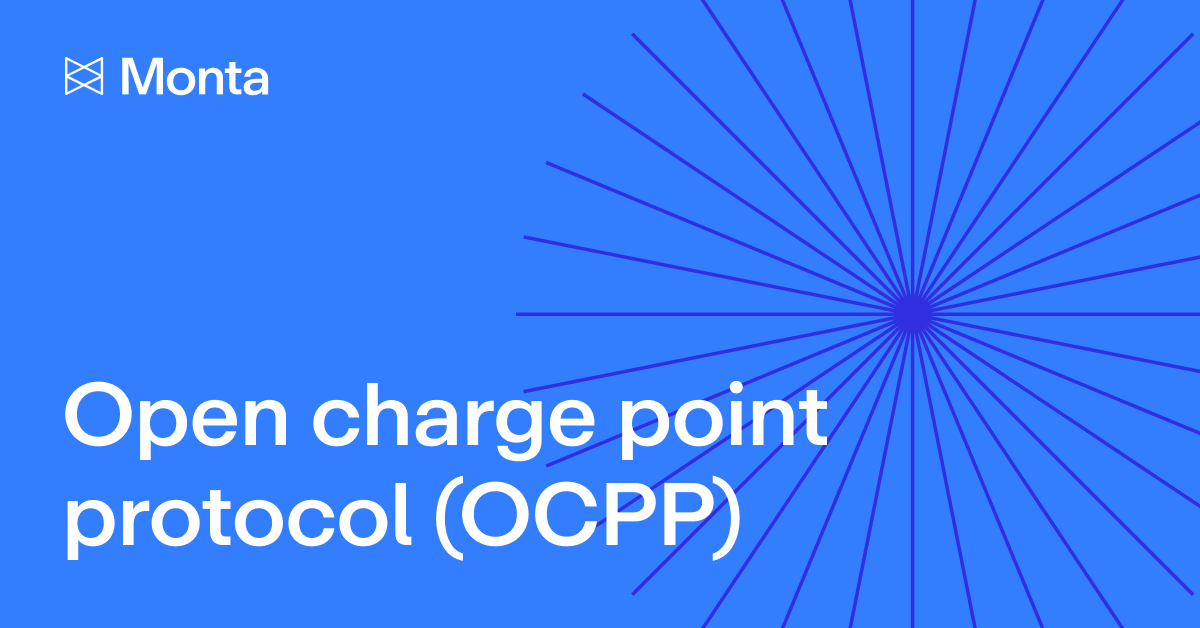 Blue background featuring a radiating design, with the text "Open charge point protocol (OCPP)" and the Monta logo in the top left.