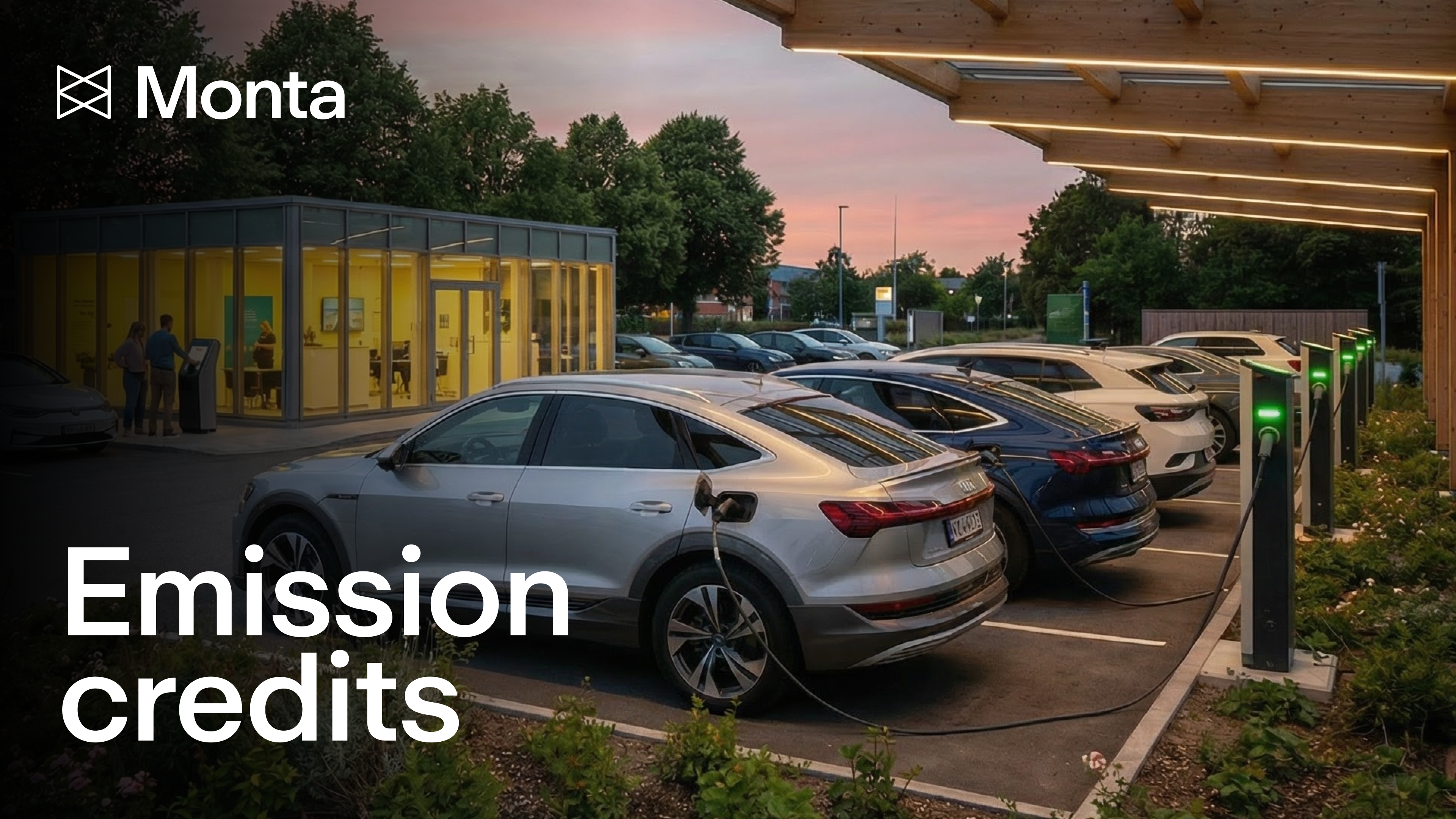 Row of electric cars plugged into charge points under a lit wooden canopy at dusk, with the Monta logo and the words "Emission credits".