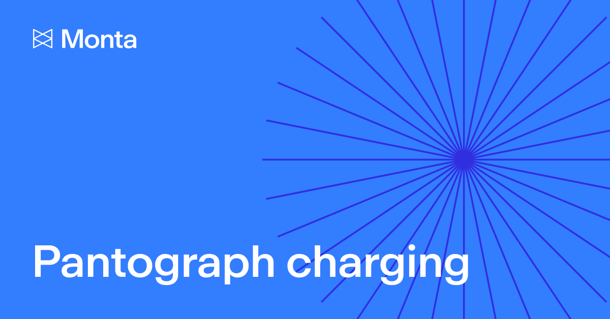 Bright blue background with radiating lines from a centre point, featuring the text "Pantograph charging" in white.