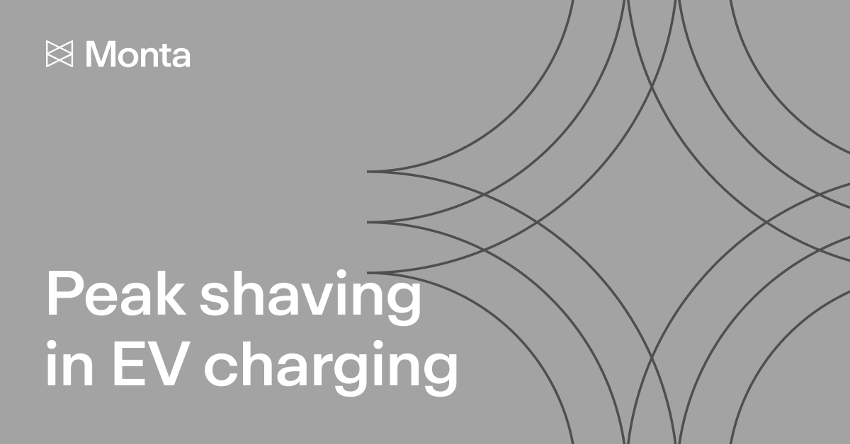Stylised grey background with curved lines; text highlights "Peak shaving in EV charging" and the logo for Monta.