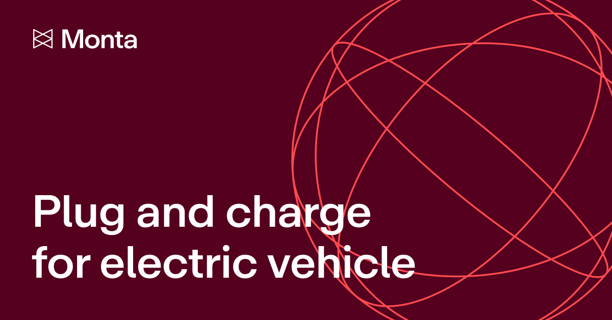 Red background with a geometric design. Prominent text reads "Plug and charge for electric vehicle" and the logo "Monta" in the top left.