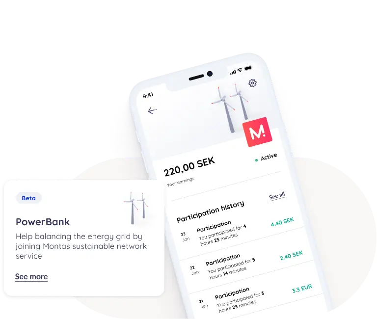 Smartphone showing the Monta app's PowerBank screen with total earnings in SEK and a participation history, next to a PowerBank Beta feature card.