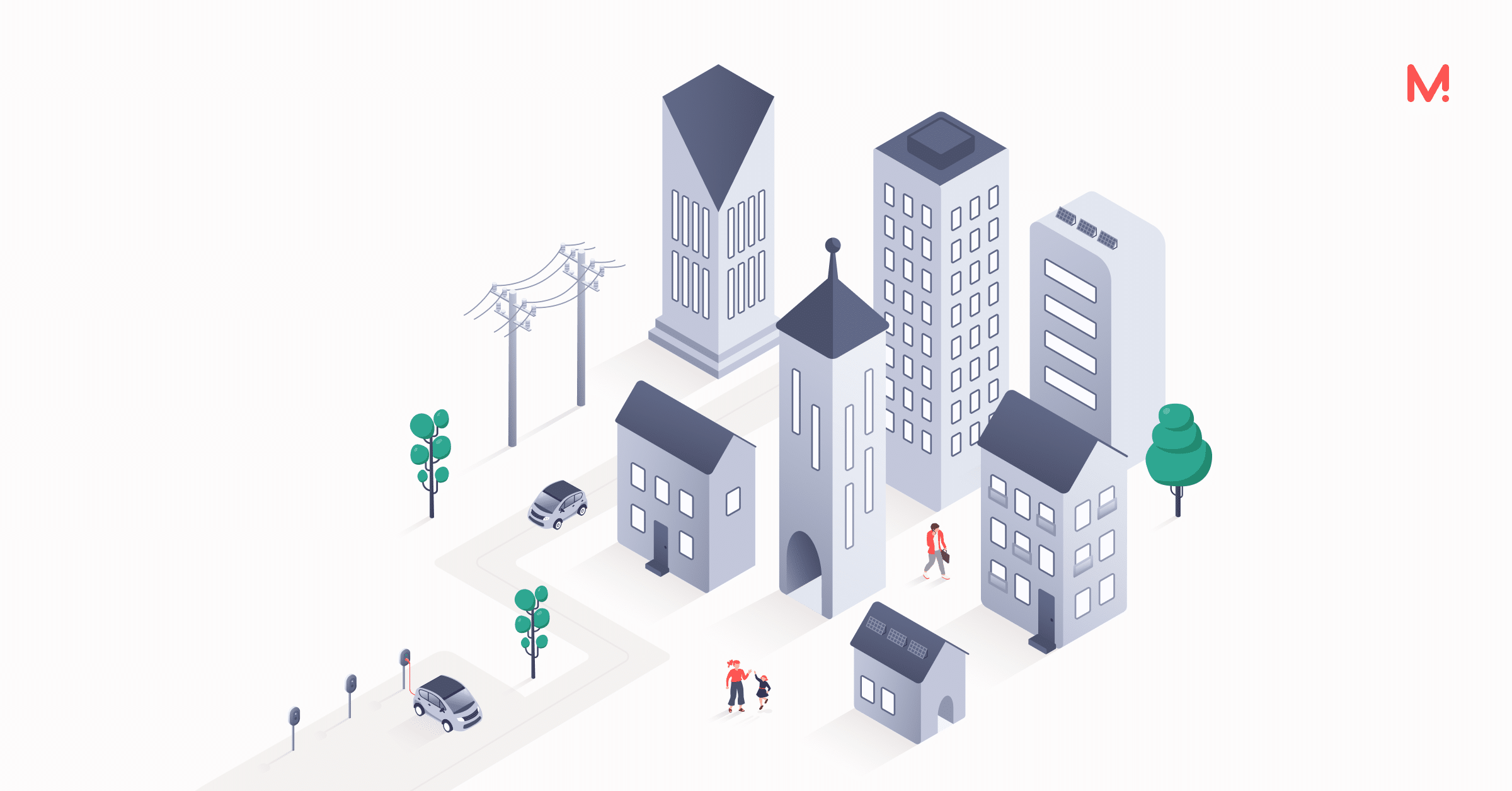Isometric illustration of a town with overhead power lines, houses and apartment blocks, and electric cars parked at kerbside charge points.