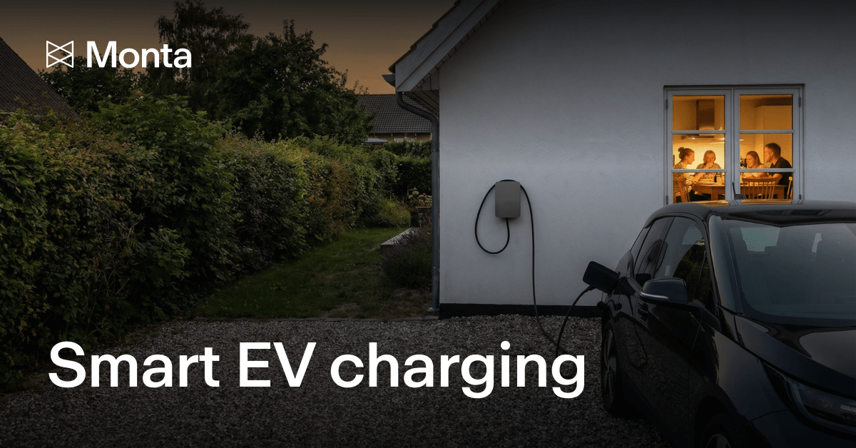 A black electric vehicle charges outside a house at dusk, with a warm-lit window showing people inside. Text reads "Smart EV charging".