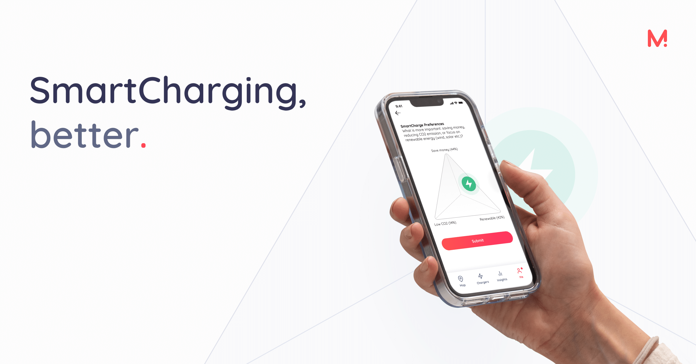 A hand holds a phone showing Monta's SmartCharge Preferences screen, next to the words "SmartCharging, better." on a light background.