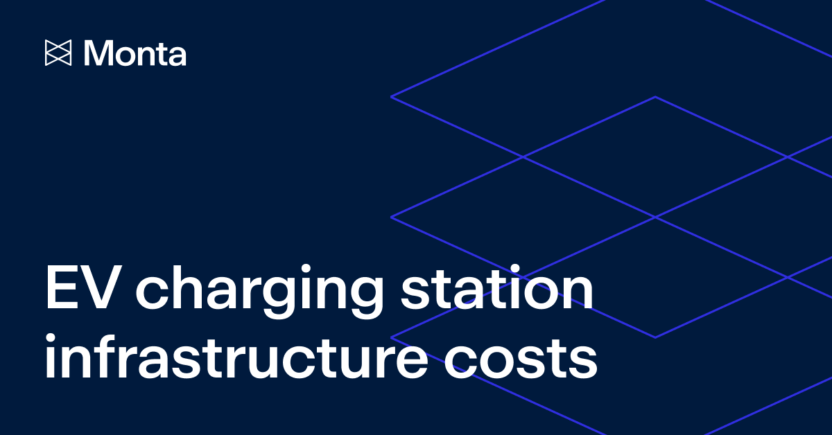 Text on a dark blue background: "Monta" logo at the top left, followed by "EV charging station infrastructure costs" in white. Geometric blue lines form a pattern.