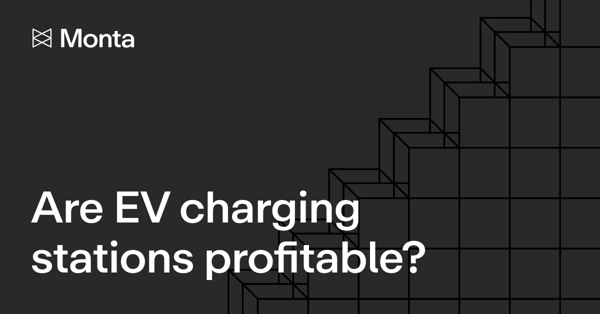 A stylised graphic featuring a staircase design, with the text “Are EV charging stations profitable?” on a dark background.