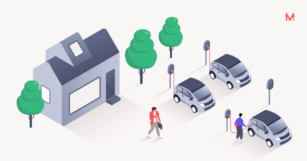 Isometric illustration of a house and trees beside three electric cars plugged into pole-mounted charge points, with two people walking nearby.